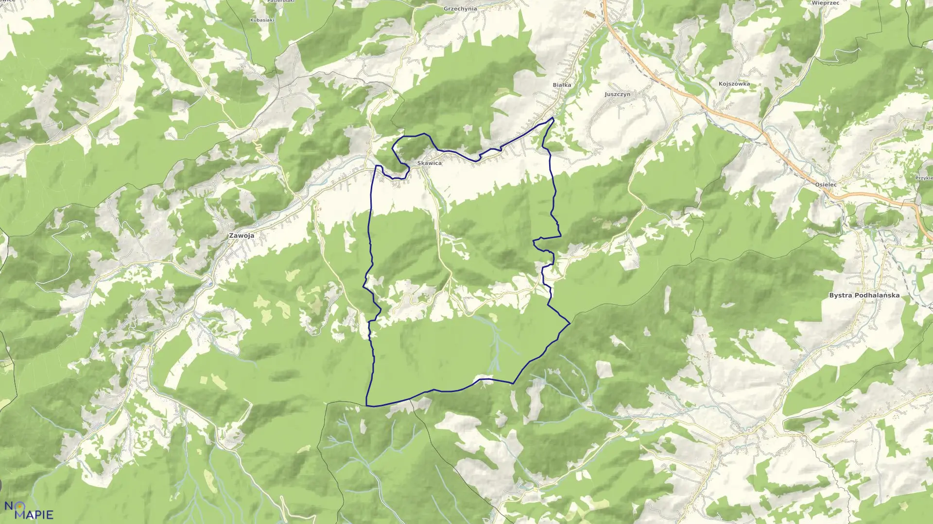 Mapa obrębu Skawica w gminie Zawoja