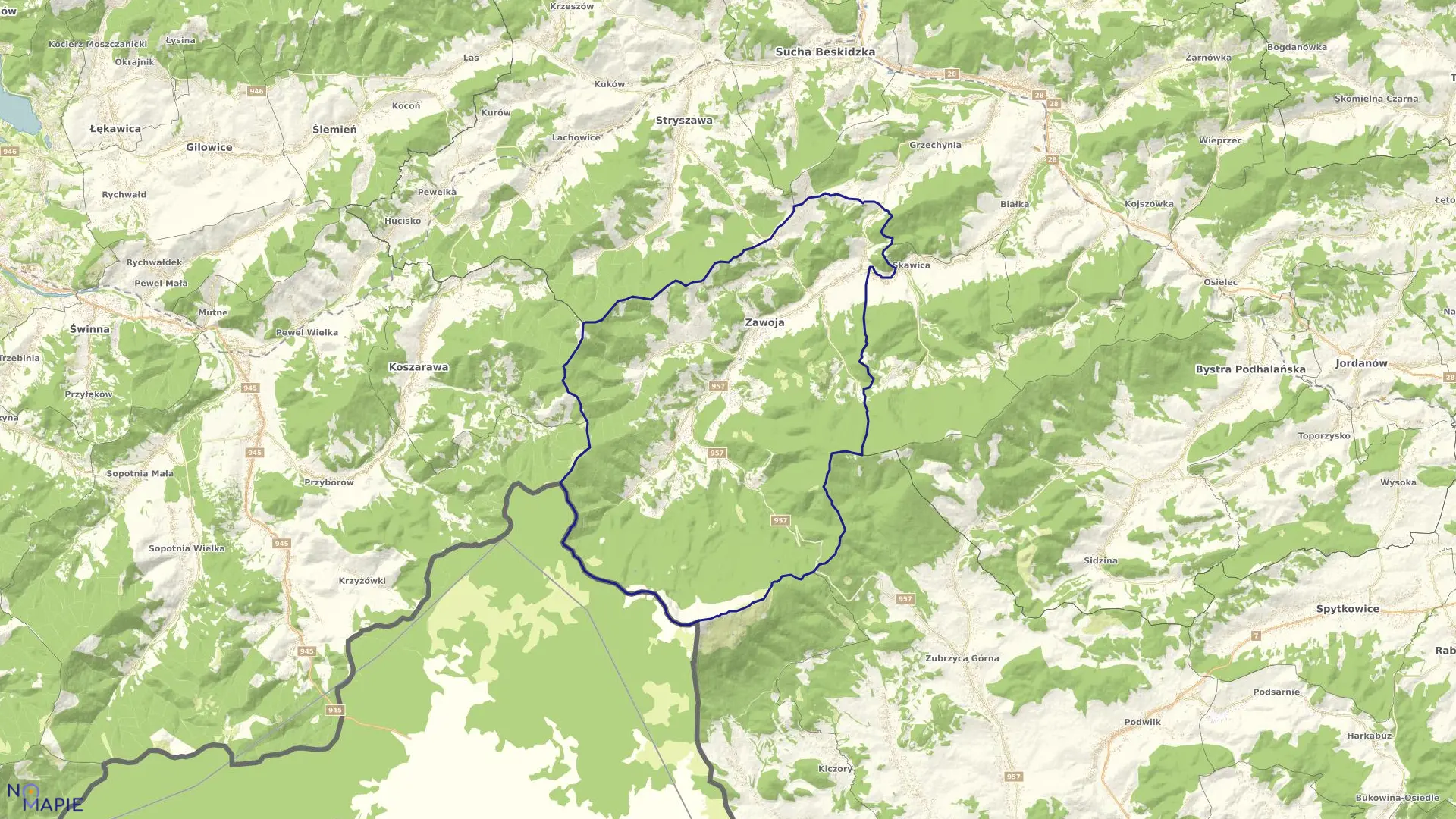 Mapa obrębu Zawoja w gminie Zawoja